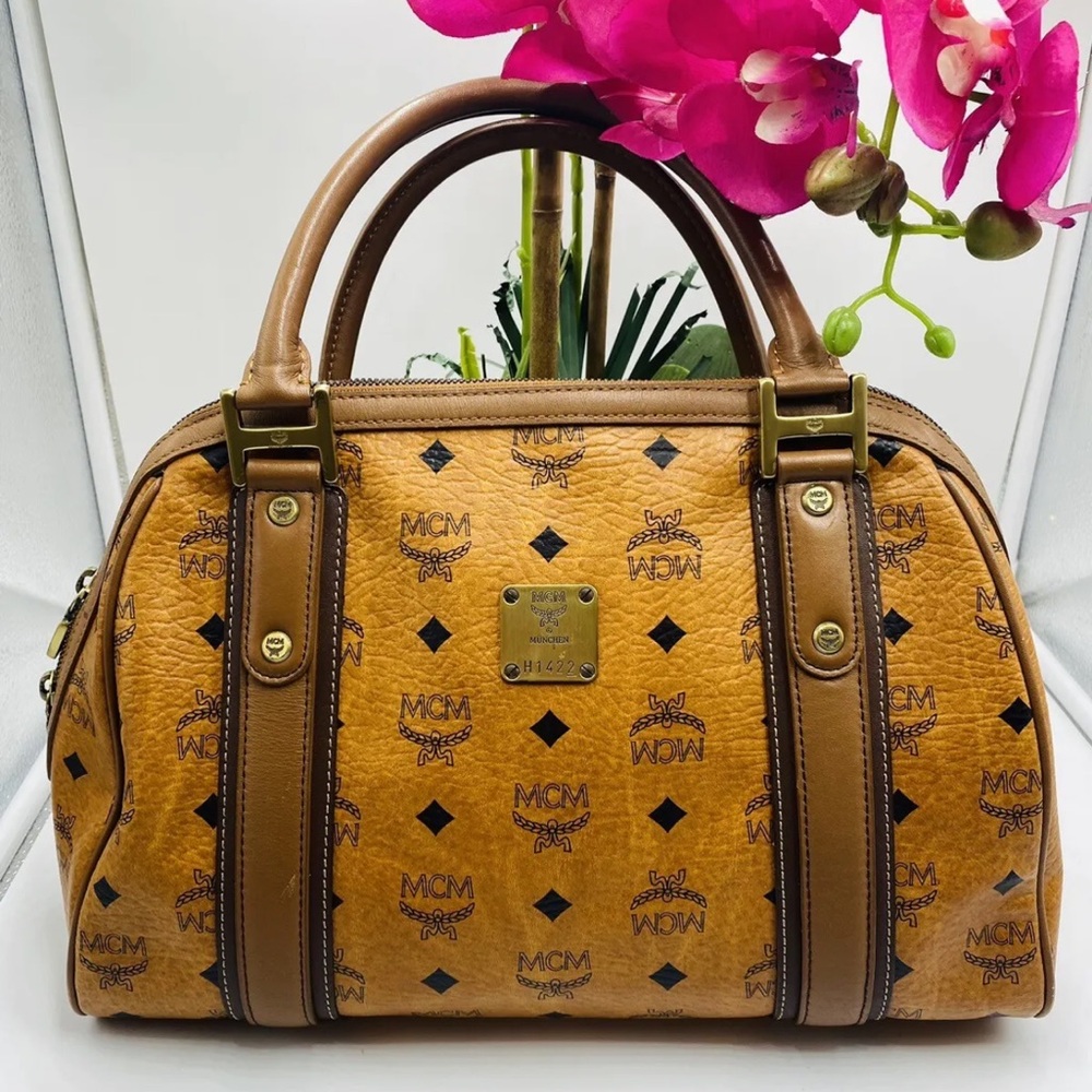 MCM Visetos Alma Cognac Boston Bag